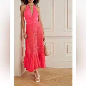 NWT PATBO Crochet Beach Dress Halterneck Neon Coral Resort Midi Dress